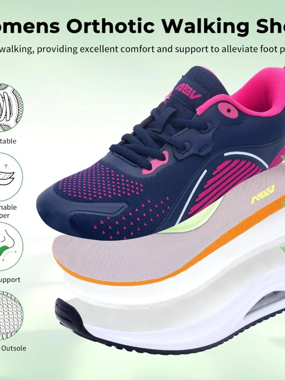 Women's Rose-blue Walking Shoes Orthotic Tennis Sneakers for Foot Pain Relief